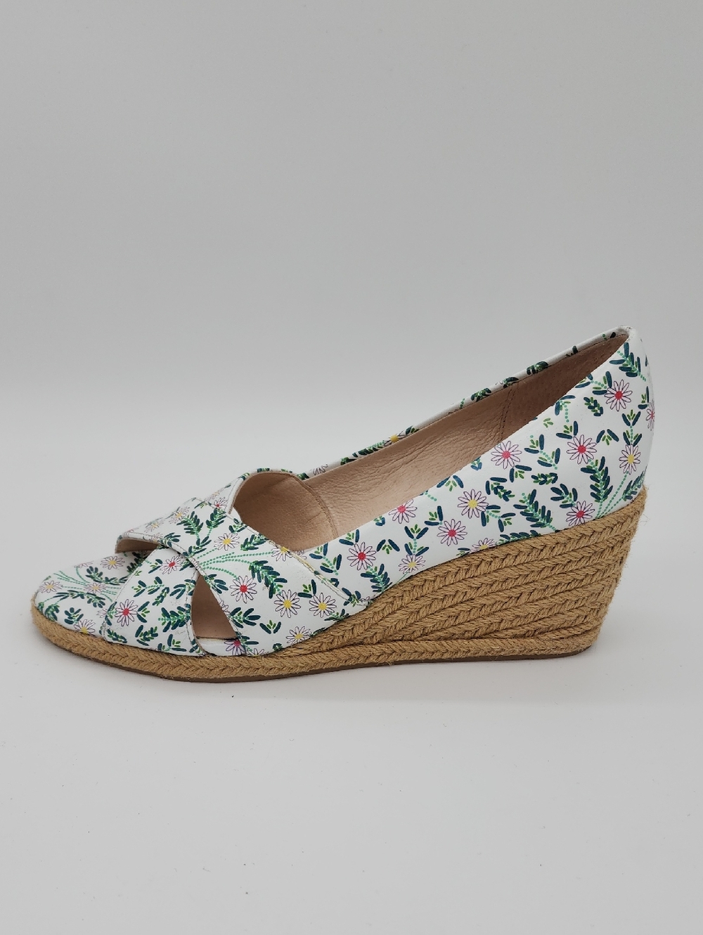 NWT Jack Rogers Leather Palmer Espadrille Wedge White Daisy Floral Criss-Cross